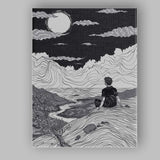 Black White Moonlit Mountain Landscape Line Art Canvas Wall Art Print Decor Picture Ready to Hang