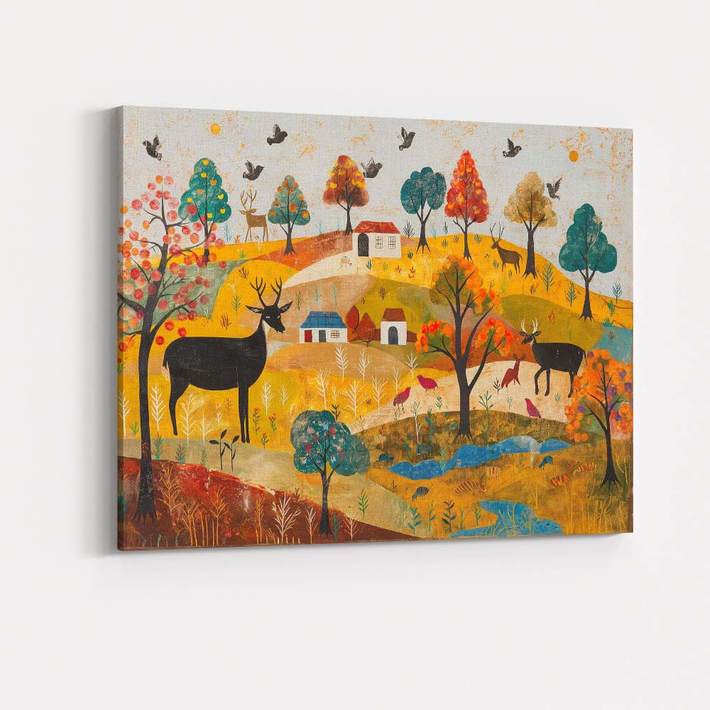 Whimsical Autumn Woodland Deer Folk Art Landscape Canvas Wall Art Print Decor Picture Ready to Hang