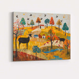 Whimsical Autumn Woodland Deer Folk Art Landscape Canvas Wall Art Print Decor Picture Ready to Hang