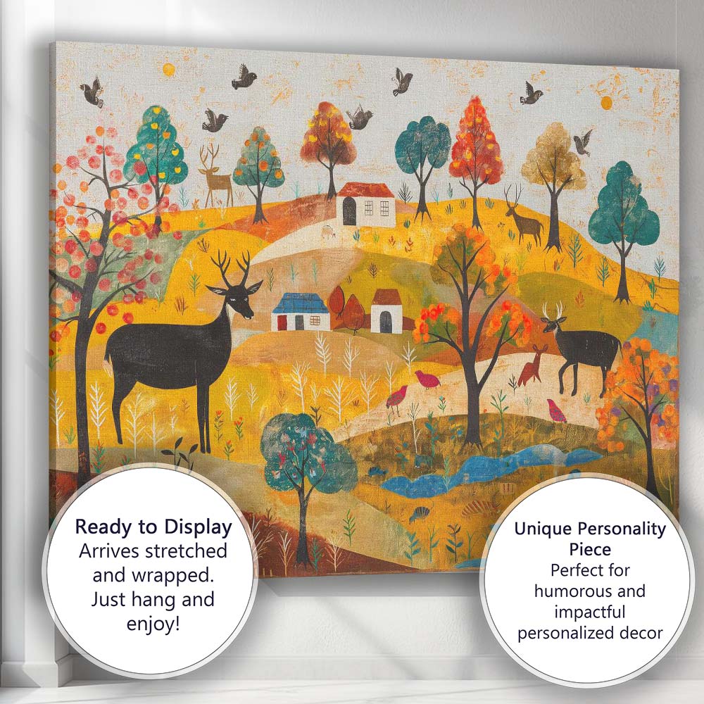 Whimsical Autumn Woodland Deer Folk Art Landscape Canvas Wall Art Print Decor Picture Ready to Hang