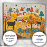 Whimsical Autumn Woodland Deer Folk Art Landscape Canvas Wall Art Print Decor Picture Ready to Hang