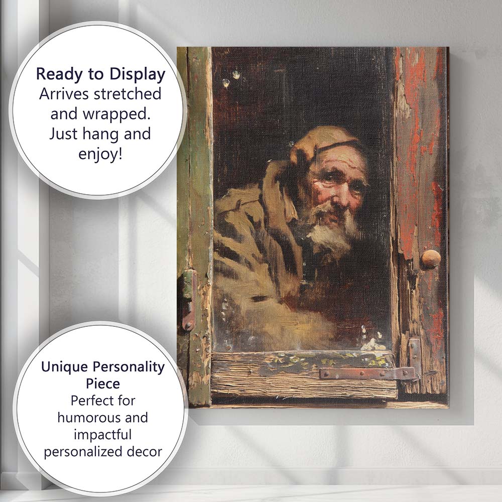 Rustic Elderly Bearded Man Window Portrait Painting Canvas Wall Art Print Decor Picture Ready to Hang