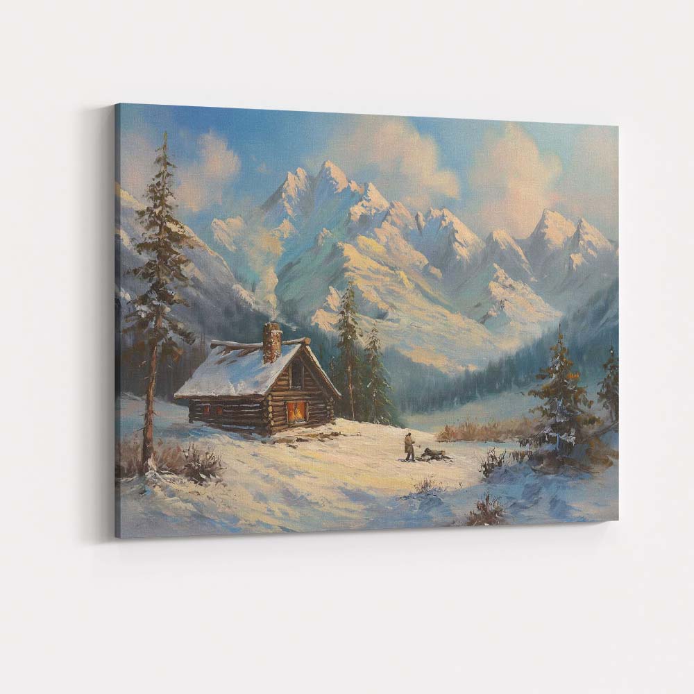 Snowy Mountain Cabin Winter Landscape Painting Canvas Wall Art Print Decor Picture Ready to Hang