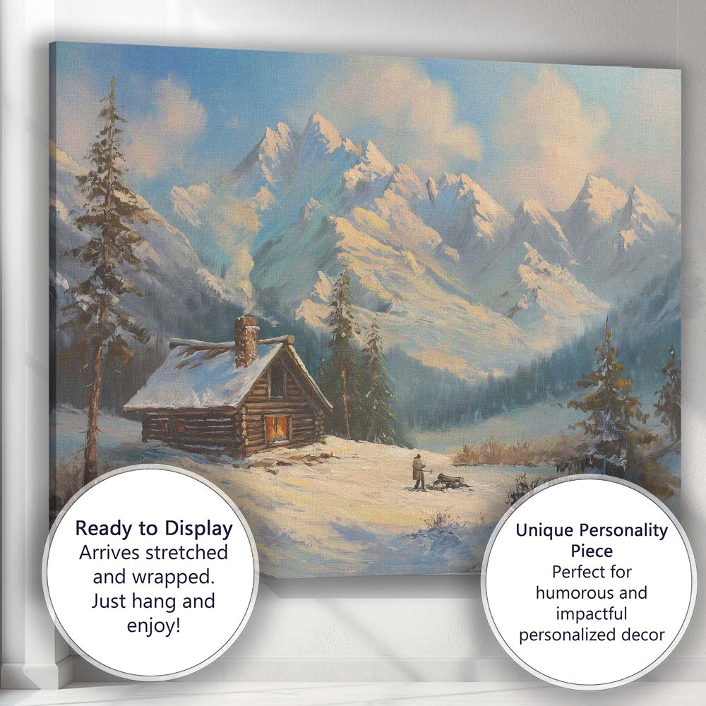 Snowy Mountain Cabin Winter Landscape Painting Canvas Wall Art Print Decor Picture Ready to Hang
