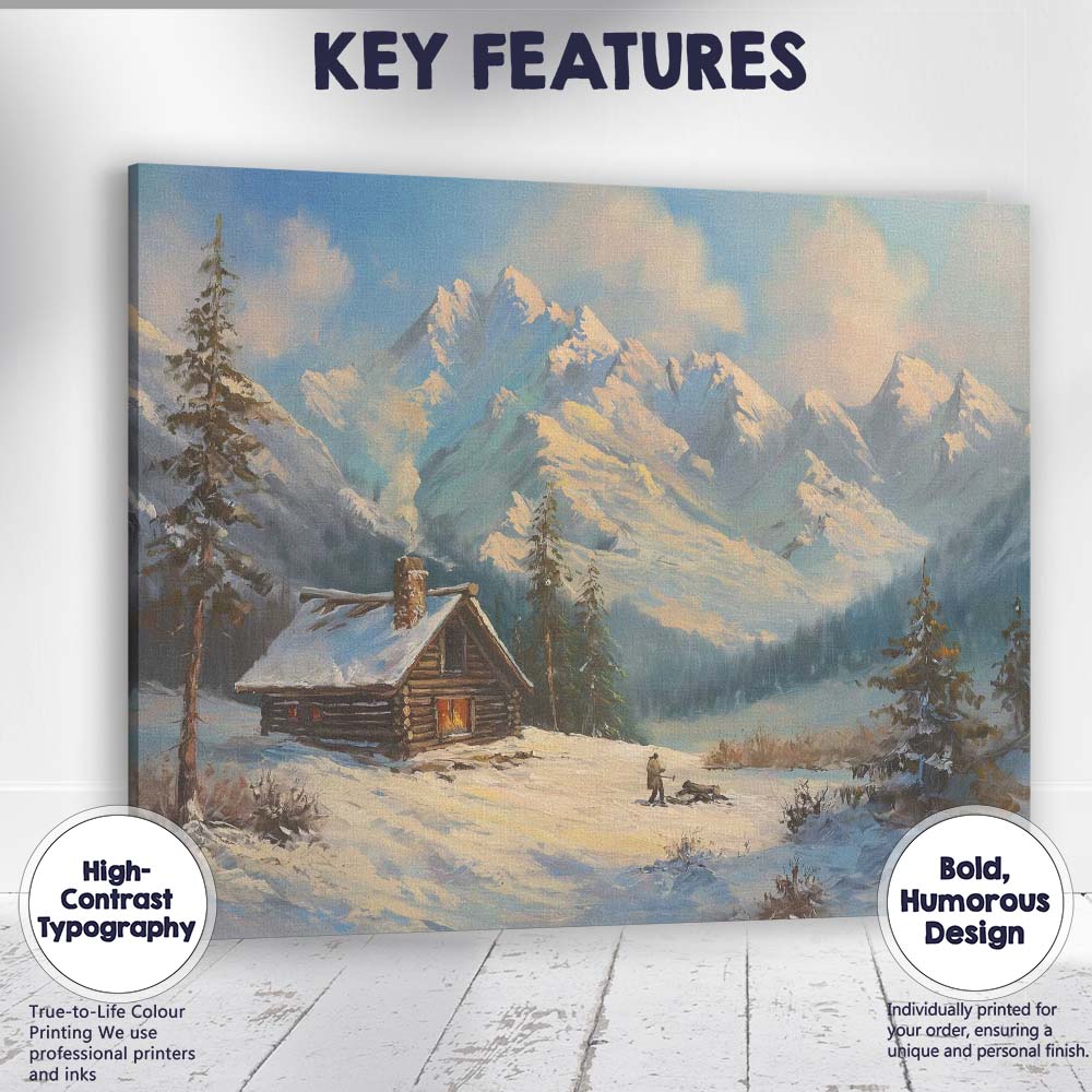 Snowy Mountain Cabin Winter Landscape Painting Canvas Wall Art Print Decor Picture Ready to Hang
