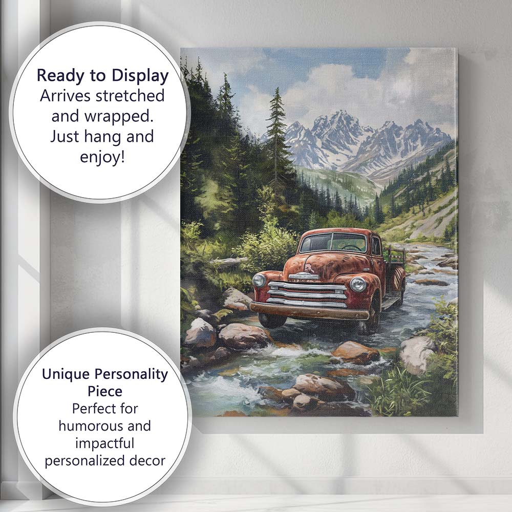 Classic Red Pickup Truck Alpine Forest River Canvas Wall Art Print Decor Picture Ready to Hang