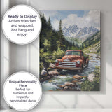 Classic Red Pickup Truck Alpine Forest River Canvas Wall Art Print Decor Picture Ready to Hang