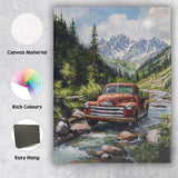 Classic Red Pickup Truck Alpine Forest River Canvas Wall Art Print Decor Picture Ready to Hang