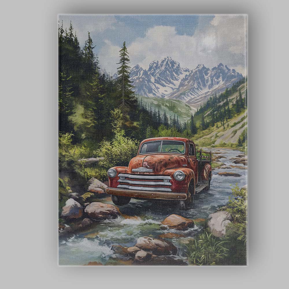 Classic Red Pickup Truck Alpine Forest River Canvas Wall Art Print Decor Picture Ready to Hang