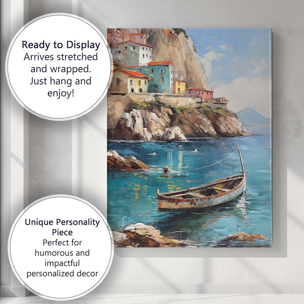 Mediterranean Cliffside Fishing Village Coastal Harbour Canvas Wall Art Print Decor Picture Ready to Hang