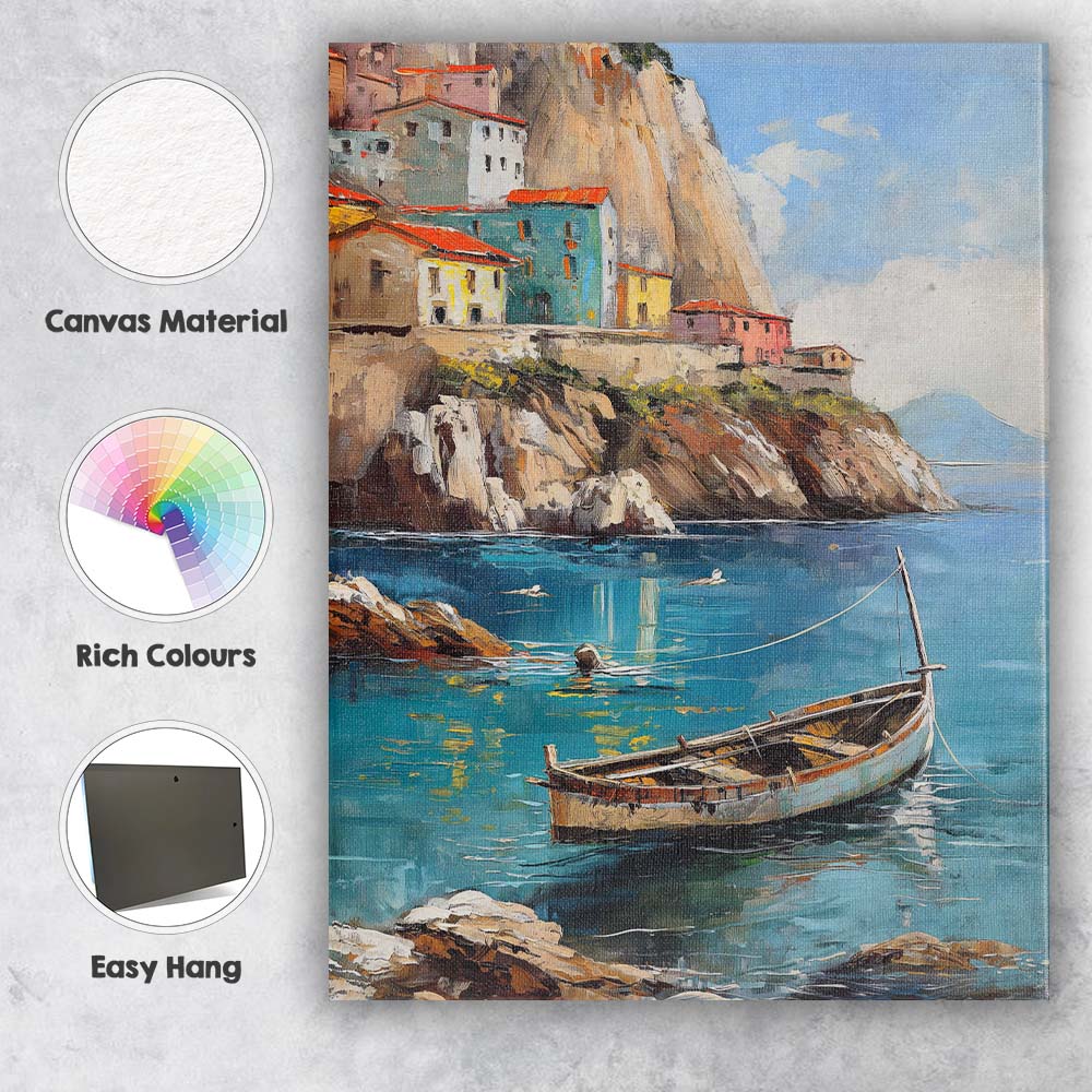 Mediterranean Cliffside Fishing Village Coastal Harbour Canvas Wall Art Print Decor Picture Ready to Hang