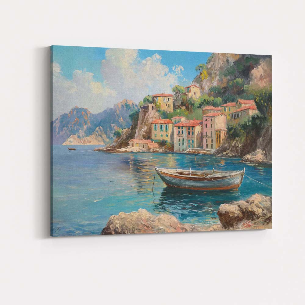 Mediterranean Coastal Village Fishing Boat Seascape Canvas Wall Art Print Decor Picture Ready to Hang
