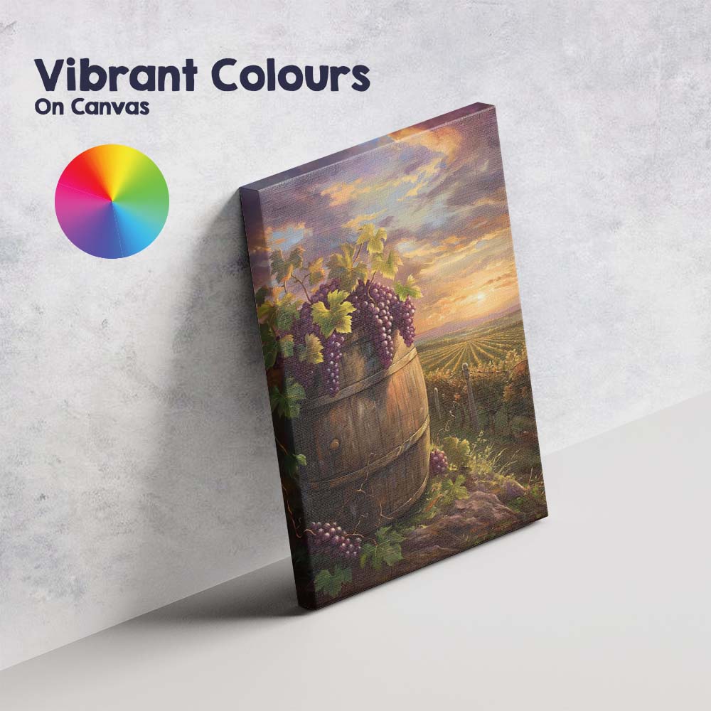 Rustic Vineyard Wine Barrel Purple Grapes Sunset Landscape Canvas Wall Art Print Decor Picture Ready to Hang