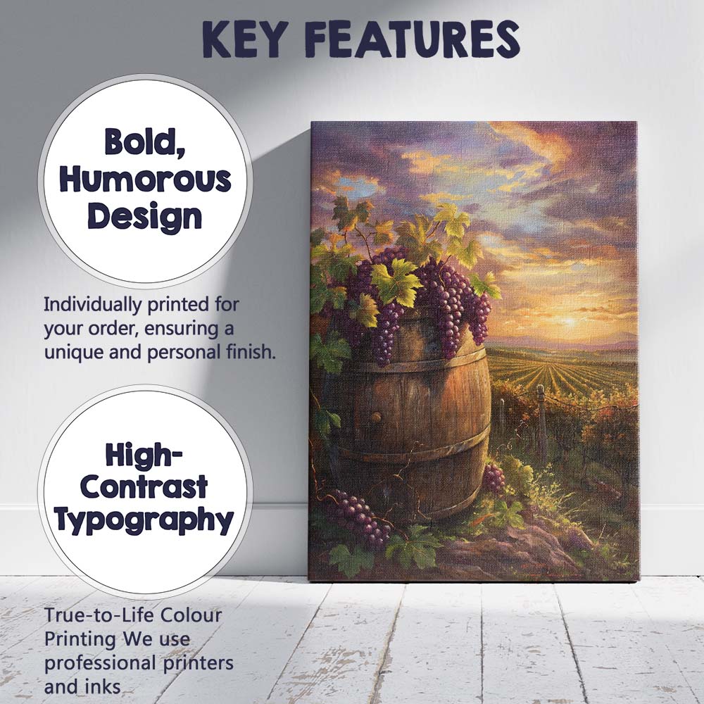 Rustic Vineyard Wine Barrel Purple Grapes Sunset Landscape Canvas Wall Art Print Decor Picture Ready to Hang