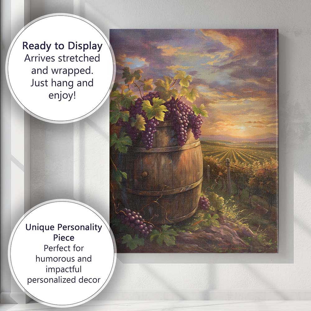 Rustic Vineyard Wine Barrel Purple Grapes Sunset Landscape Canvas Wall Art Print Decor Picture Ready to Hang