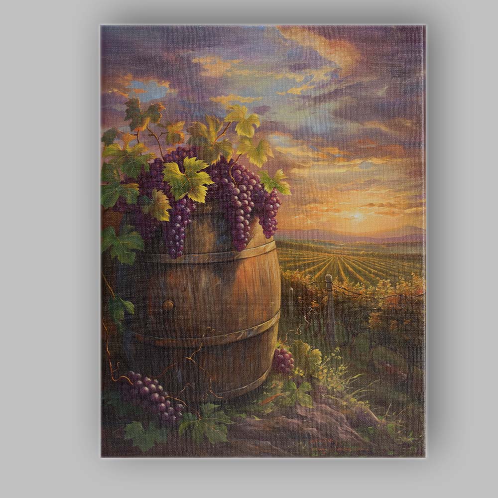 Rustic Vineyard Wine Barrel Purple Grapes Sunset Landscape Canvas Wall Art Print Decor Picture Ready to Hang