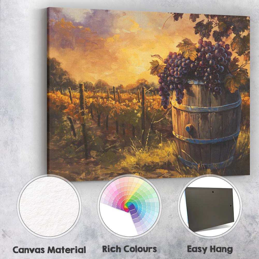 Golden Vineyard Harvest Purple Grapes Rustic Wine Barrel Canvas Wall Art Print Decor Picture Ready to Hang