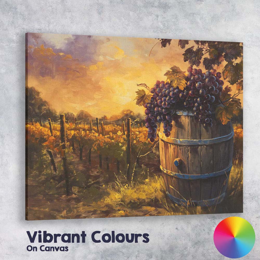 Golden Vineyard Harvest Purple Grapes Rustic Wine Barrel Canvas Wall Art Print Decor Picture Ready to Hang