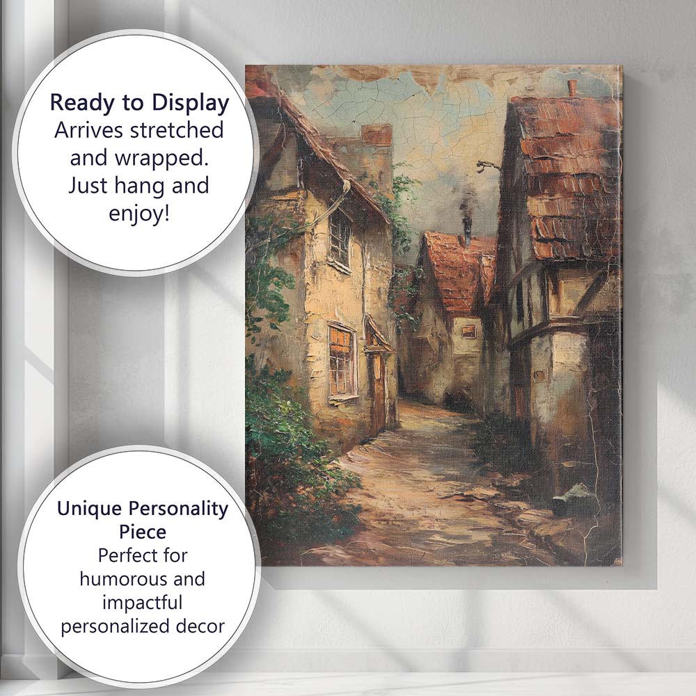 Old European Cobbled Village Alley Rustic Architecture Canvas Wall Art Print Decor Picture Ready to Hang