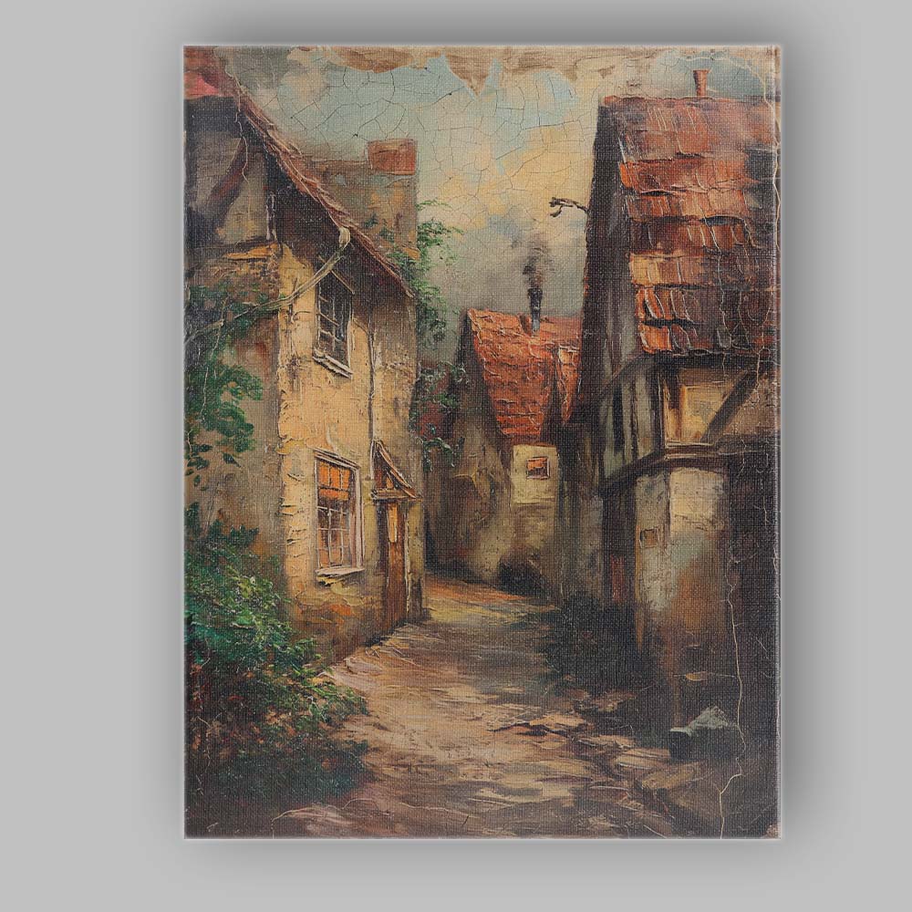 Old European Cobbled Village Alley Rustic Architecture Canvas Wall Art Print Decor Picture Ready to Hang