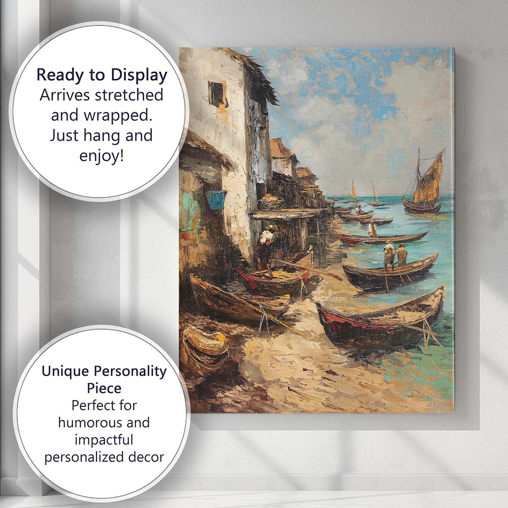 Traditional Coastal Fishing Village Wooden Boats Harbour Canvas Wall Art Print Decor Picture Ready to Hang