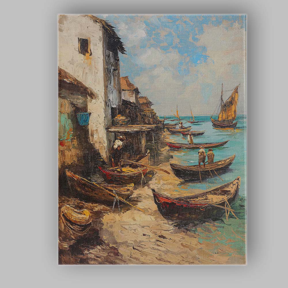 Traditional Coastal Fishing Village Wooden Boats Harbour Canvas Wall Art Print Decor Picture Ready to Hang