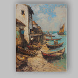 Traditional Coastal Fishing Village Wooden Boats Harbour Canvas Wall Art Print Decor Picture Ready to Hang