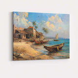 Mediterranean Tropical Fishing Village Wooden Boats Seascape Canvas Wall Art Print Decor Picture Ready to Hang
