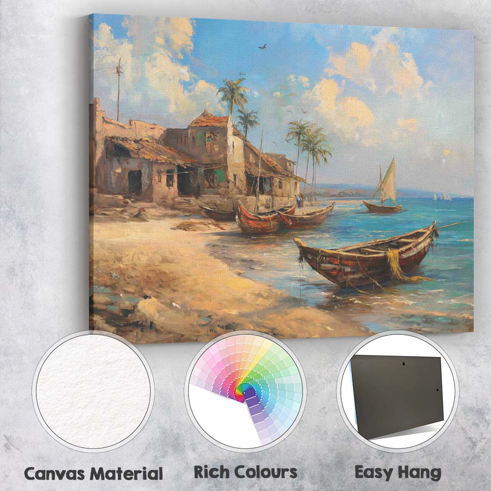 Mediterranean Tropical Fishing Village Wooden Boats Seascape Canvas Wall Art Print Decor Picture Ready to Hang