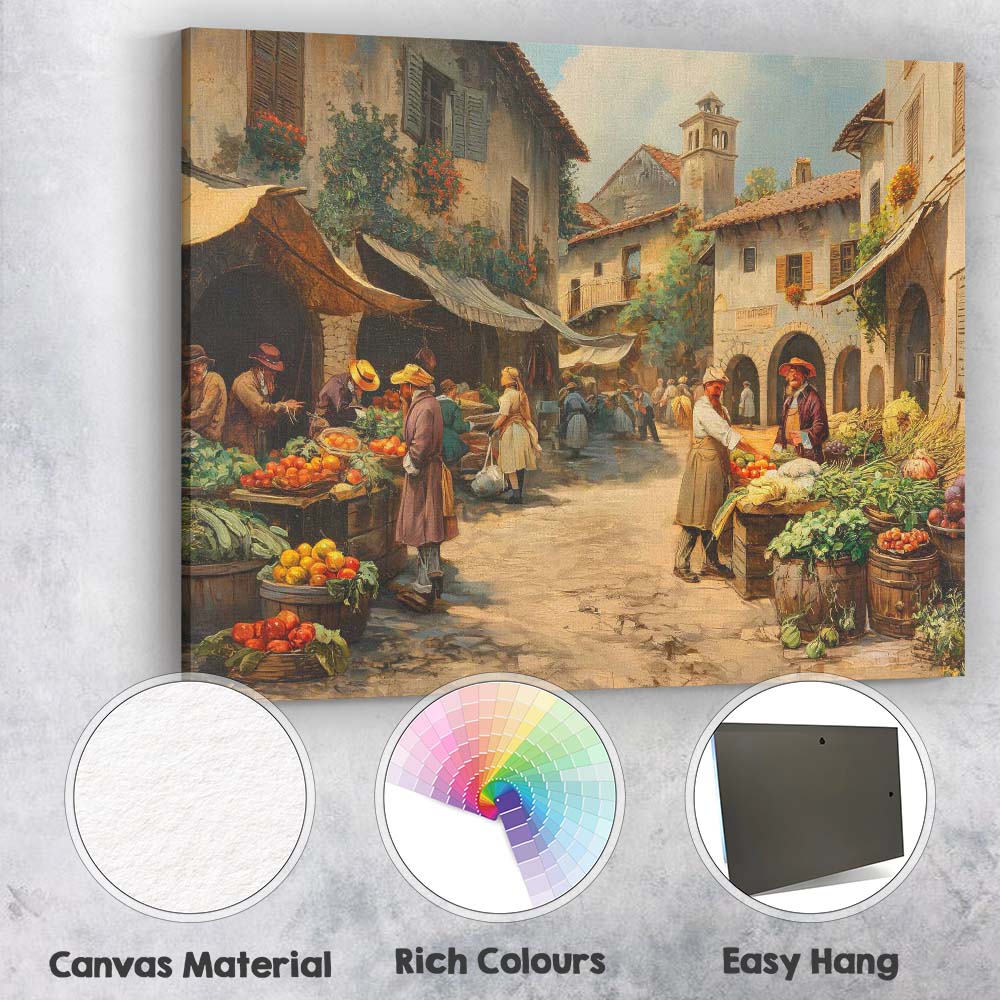 Traditional European Market Square Fresh Produce Street Scene Canvas Wall Art Print Decor Picture Ready to Hang