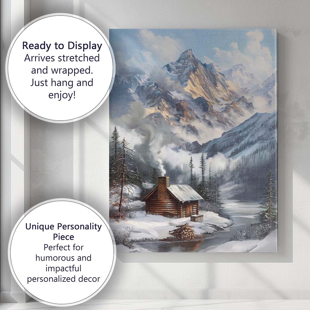 Snow Covered Mountain Cabin Winter Alpine Landscape Canvas Wall Art Print Decor Picture Ready to Hang