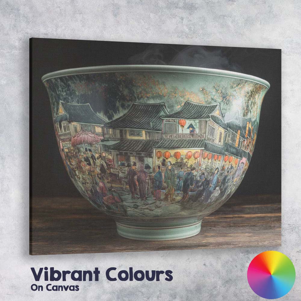 Traditional Chinese Market Street Porcelain Bowl Artwork Canvas Wall Art Print Decor Picture Ready to Hang