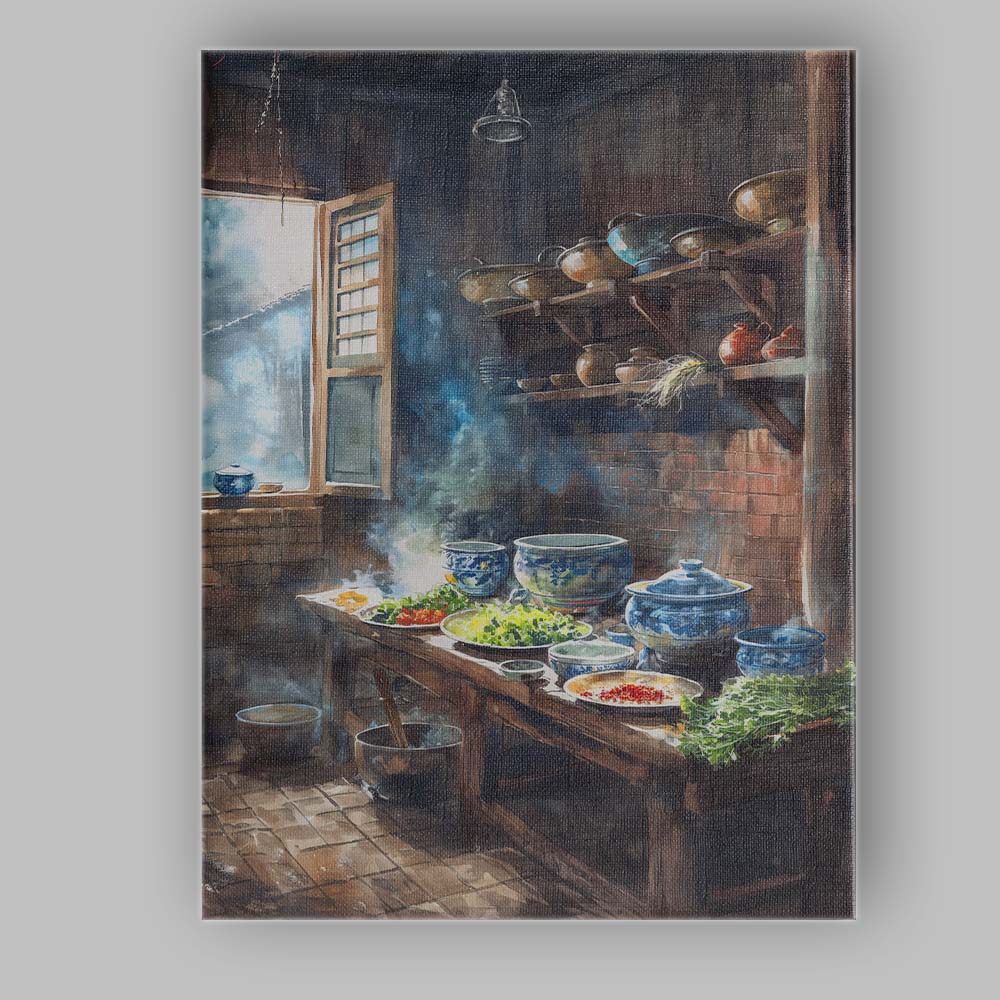 Rustic Chinese Country Kitchen Watercolour Culinary Interior Canvas Wall Art Print Decor Picture Ready to Hang