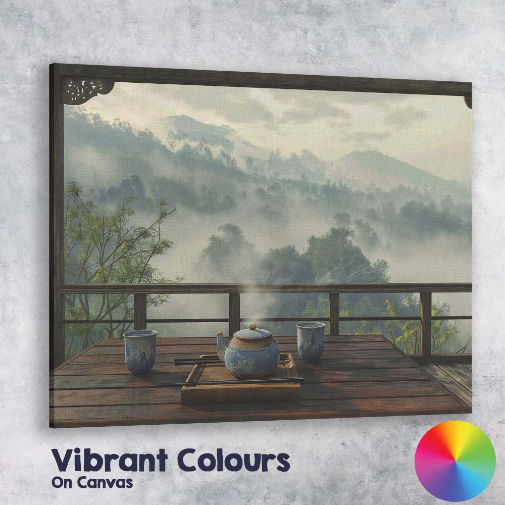 Peaceful Mountain Tea Ceremony Balcony Misty Landscape Canvas Wall Art Print Decor Picture Ready to Hang