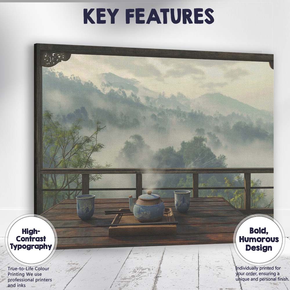 Peaceful Mountain Tea Ceremony Balcony Misty Landscape Canvas Wall Art Print Decor Picture Ready to Hang