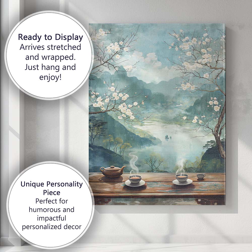 White Cherry Blossom Mountain Lake Oriental Landscape Canvas Wall Art Print Decor Picture Ready to Hang