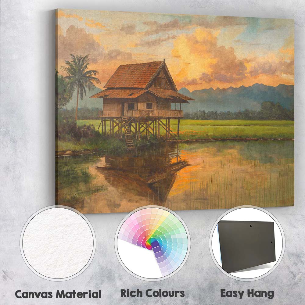 Traditional Stilt House Rice Field Sunset Landscape Canvas Wall Art Print Decor Picture Ready to Hang