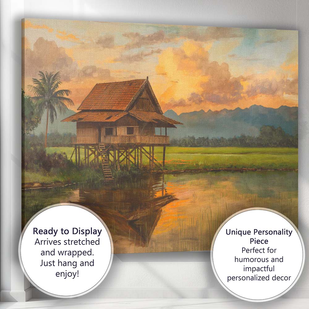 Traditional Stilt House Rice Field Sunset Landscape Canvas Wall Art Print Decor Picture Ready to Hang