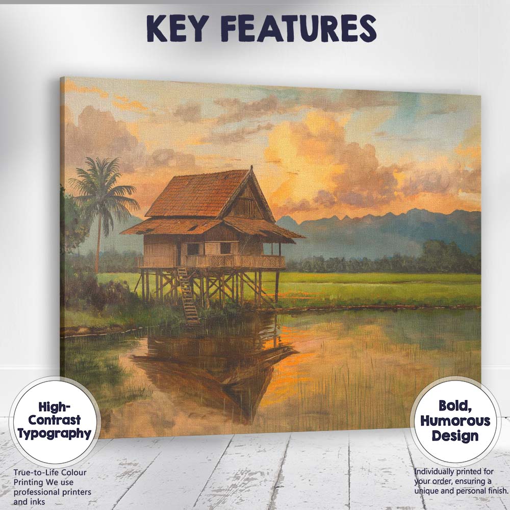 Traditional Stilt House Rice Field Sunset Landscape Canvas Wall Art Print Decor Picture Ready to Hang