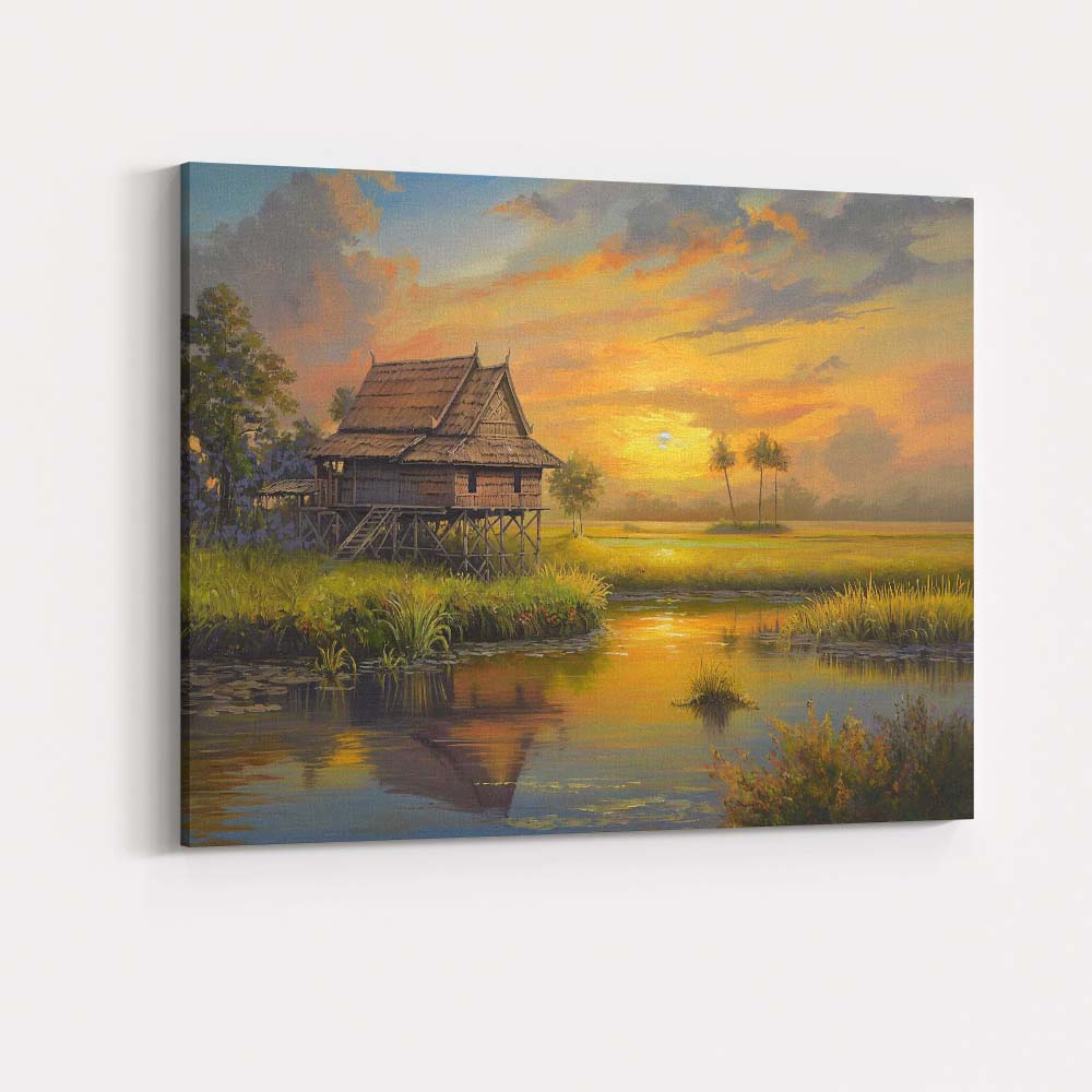 Peaceful Countryside Stilt House River Sunset Landscape Canvas Wall Art Print Decor Picture Ready to Hang