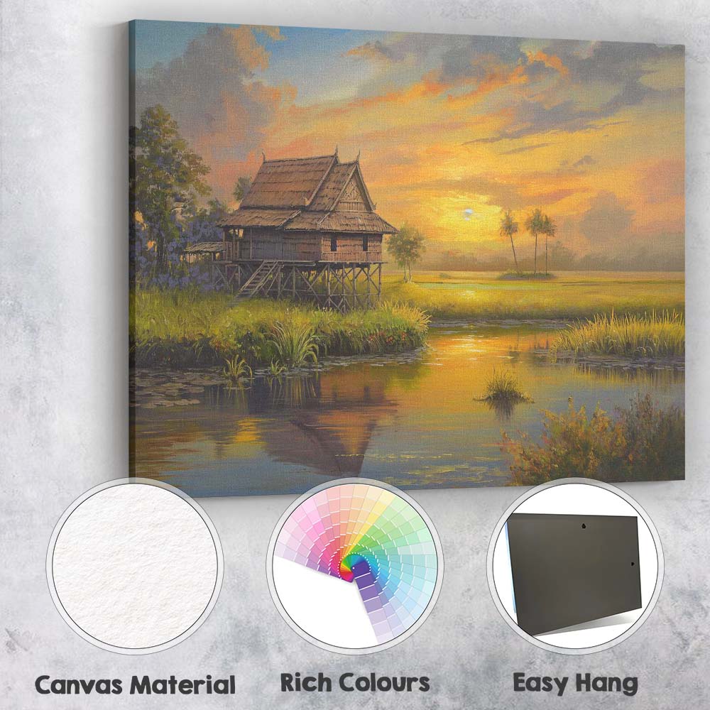 Peaceful Countryside Stilt House River Sunset Landscape Canvas Wall Art Print Decor Picture Ready to Hang