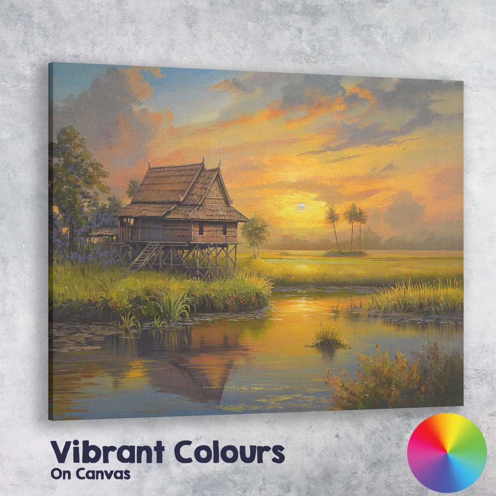 Peaceful Countryside Stilt House River Sunset Landscape Canvas Wall Art Print Decor Picture Ready to Hang