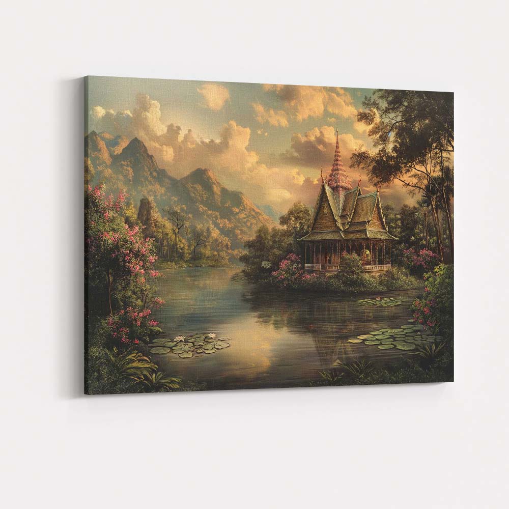 Peaceful Thai Temple Mountain Lake Sunset Landscape Canvas Wall Art Print Decor Picture Ready to Hang