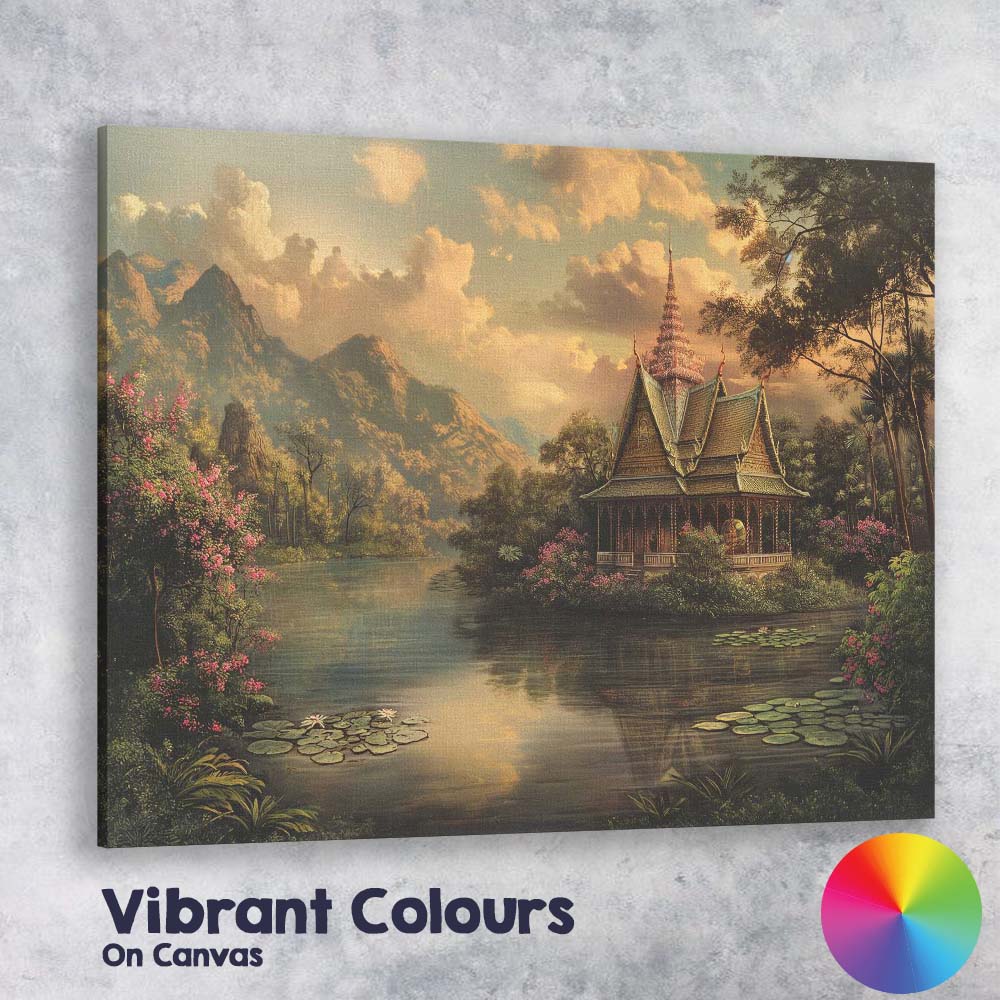 Peaceful Thai Temple Mountain Lake Sunset Landscape Canvas Wall Art Print Decor Picture Ready to Hang
