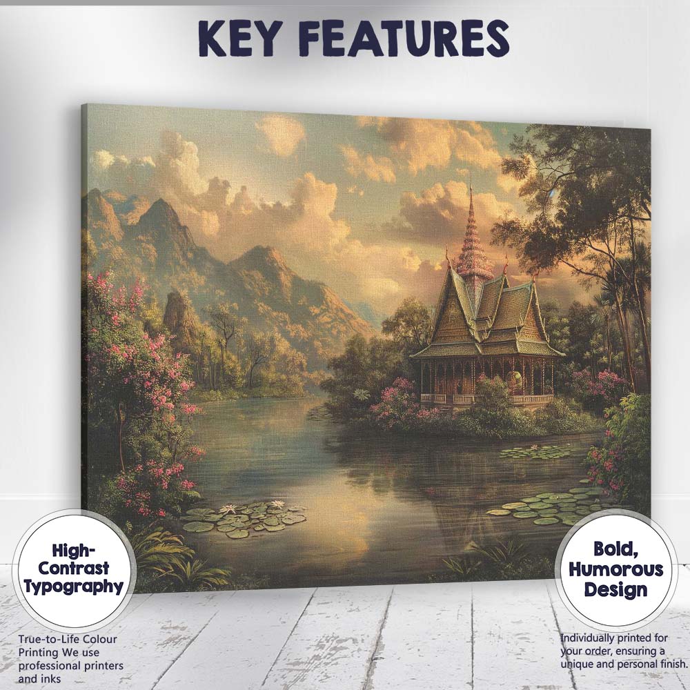 Peaceful Thai Temple Mountain Lake Sunset Landscape Canvas Wall Art Print Decor Picture Ready to Hang