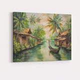 Tranquil Tropical Riverside Village Longtail Boat Painting Canvas Wall Art Print Decor Picture Ready to Hang