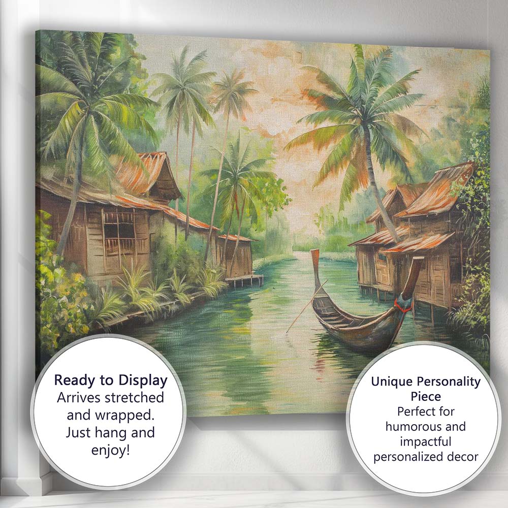 Tranquil Tropical Riverside Village Longtail Boat Painting Canvas Wall Art Print Decor Picture Ready to Hang