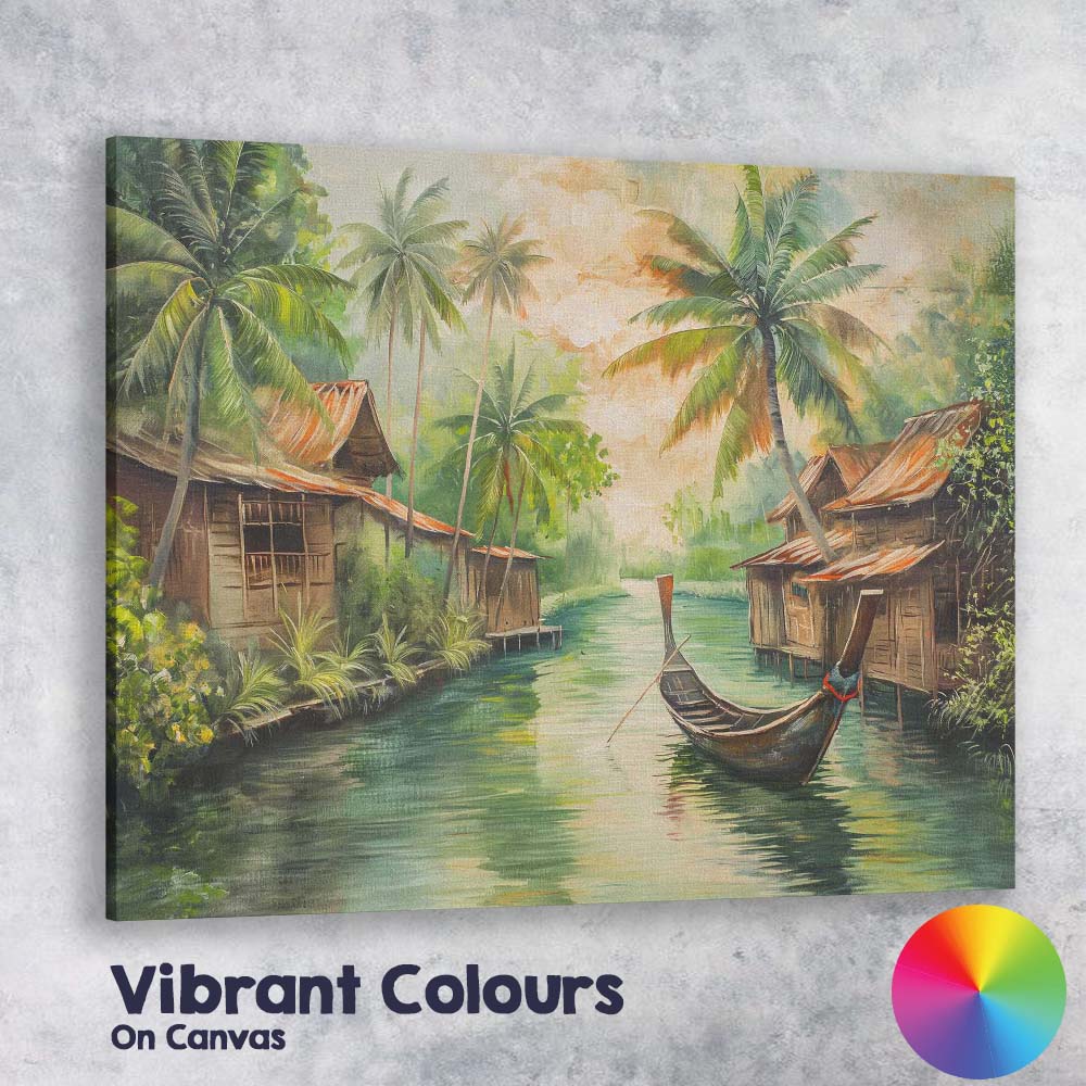 Tranquil Tropical Riverside Village Longtail Boat Painting Canvas Wall Art Print Decor Picture Ready to Hang