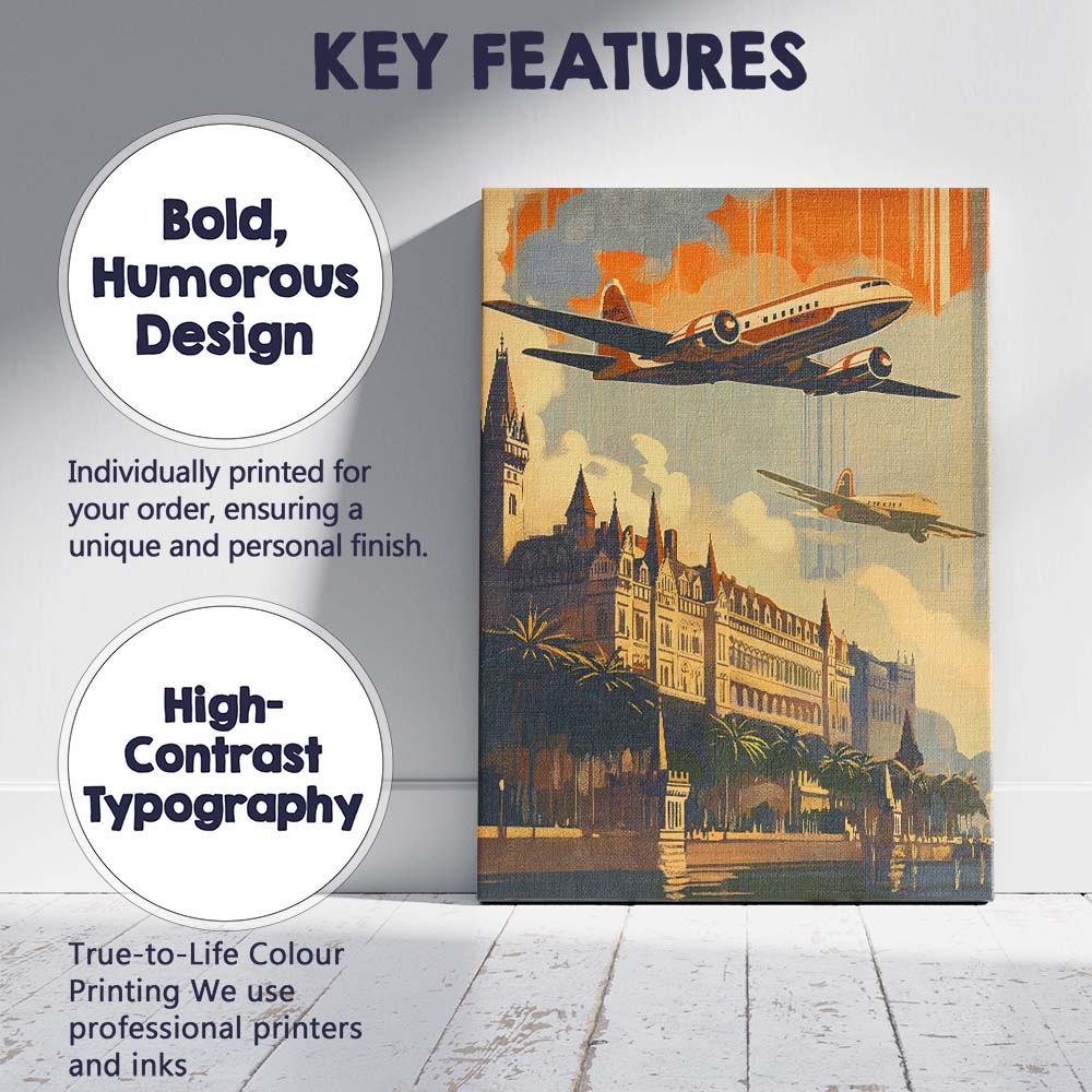 Retro Airplane Over Historic European City Travel Poster Canvas Wall Art Print Decor Picture Ready to Hang