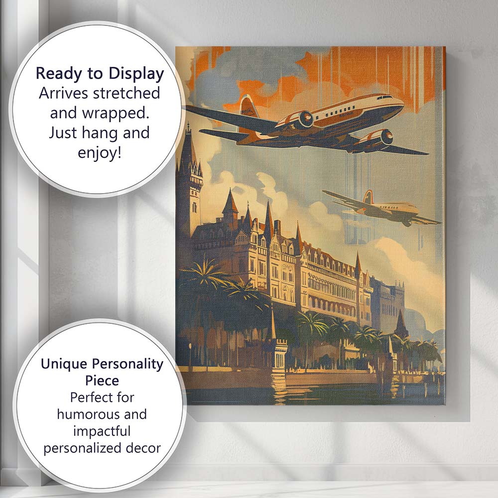 Retro Airplane Over Historic European City Travel Poster Canvas Wall Art Print Decor Picture Ready to Hang